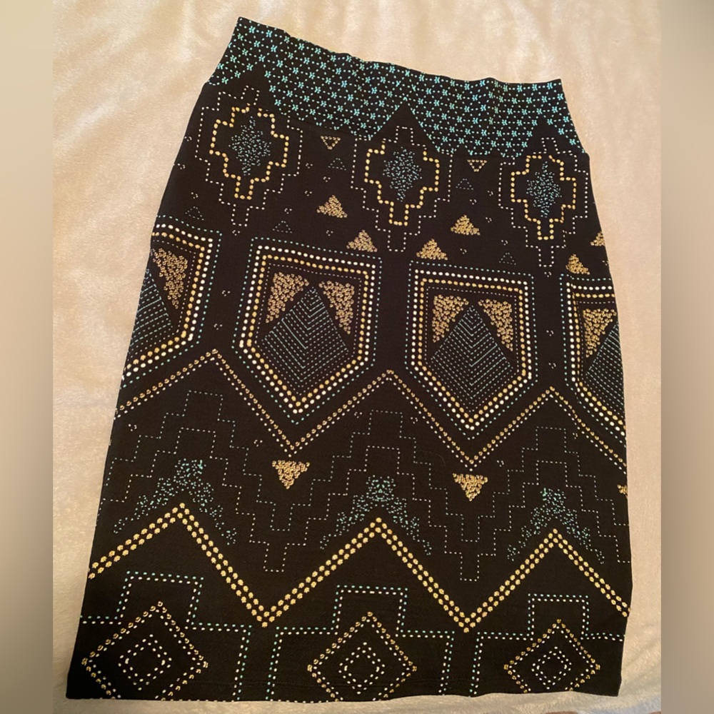 Blue, black, gold patterned Lularoe Cassie pencil skirt size large